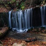 Peaceful waterfall surrounded by rocks and forest, perfect spot for camping near nature and running water