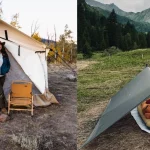 A side-by-side comparison showing a canvas wall tent with a person standing outside and a minimalist tarp shelter set up in the mountains.
