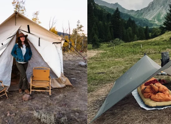 A side-by-side comparison showing a canvas wall tent with a person standing outside and a minimalist tarp shelter set up in the mountains.