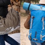 Side-by-side comparison of a canvas duffel bag and a backpack used for outdoor camping and travel, showing different carrying styles and storage options