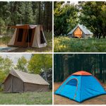A collage of eight different tent types including wall, cabin, bell, dome, geodesic, A-frame, pop-up, and backpacking tents for various camping purposes.