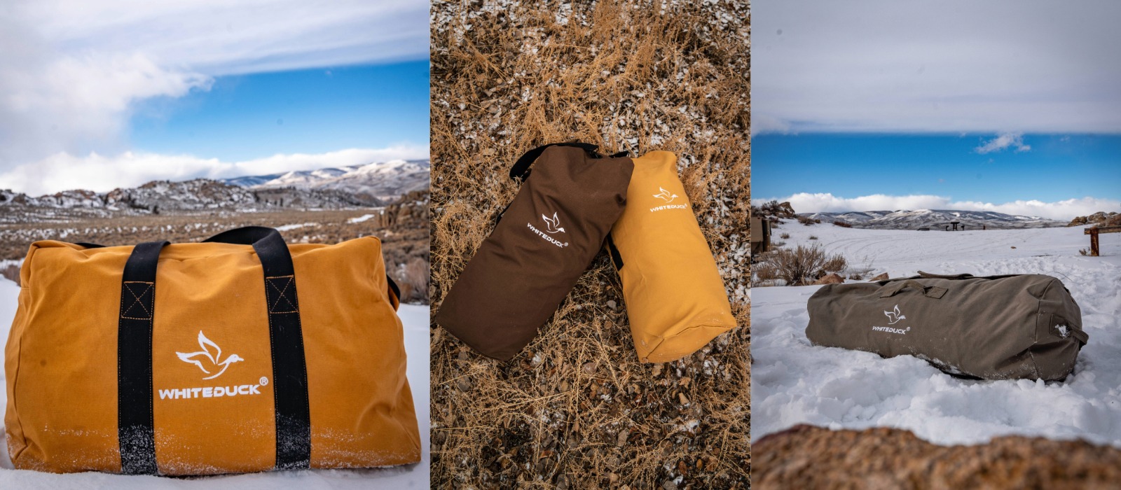 WhiteDuck Hoplite Series bags displayed outdoors in winter and fall conditions, including yellow, brown, and olive duffel-style carry bags shown on snow and dry grass.