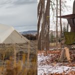 Comparison of a camping tarp shelter and a tent rainfly setup used for weather protection while camping outdoors
