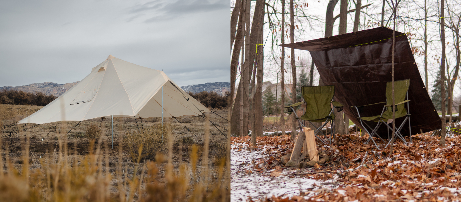 Comparison of a camping tarp shelter and a tent rainfly setup used for weather protection while camping outdoors