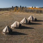 Row of camping tents set up in an open field, highlighting tent buying mistakes first-time campers often make when choosing size and layout.