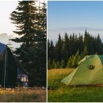 Side-by-side comparison of a luxury canvas tent and budget backpacking tents set up in a mountain campsite.