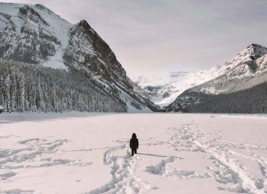 A person walking across a frozen lake surrounded by snow-covered mountains and pine forests in a national park during winter.
