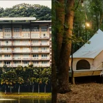 Hotel building beside lake compared with luxury camping tent in forest