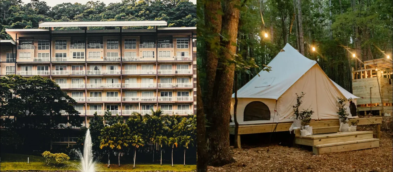 Hotel building beside lake compared with luxury camping tent in forest