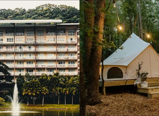 Hotel building beside lake compared with luxury camping tent in forest