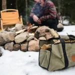 Canvas firewood carrier filled with logs at a snowy campsite.