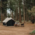 Man sitting in a camping chair, drinking a beverage outside a canvas Scout tent in a pine forest clearing, with a black pickup truck parked in the background.