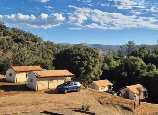 Canvas tents at a scenic hillside campsite with mountain views, trees, and parked vehicles under a blue sky.
