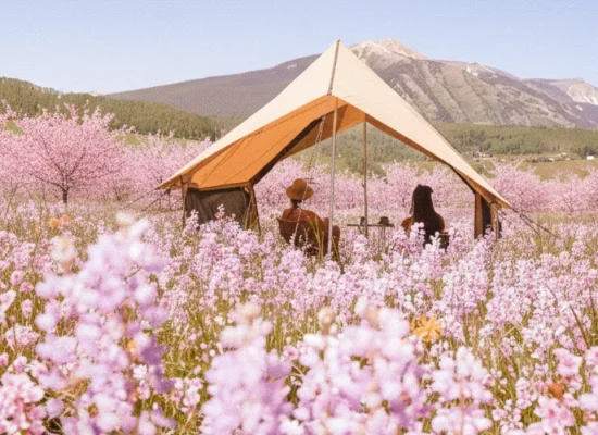 Friends relaxing under a canvas glamping tent surrounded by pink cherry blossoms with mountains in the background