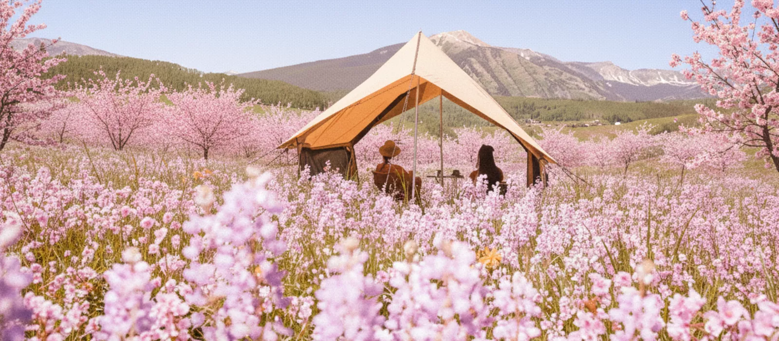 Friends relaxing under a canvas glamping tent surrounded by pink cherry blossoms with mountains in the background