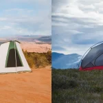 A comparison of a canvas cabin tent in a red rock desert and a lightweight backpacking tent on a grassy mountain ridge with snowy peaks.