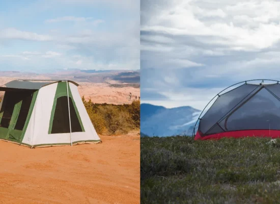 A comparison of a canvas cabin tent in a red rock desert and a lightweight backpacking tent on a grassy mountain ridge with snowy peaks.