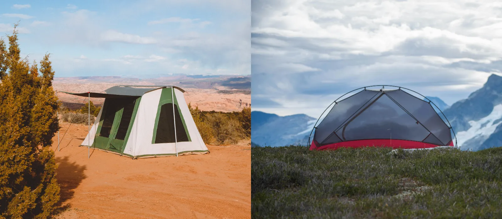 A comparison of a canvas cabin tent in a red rock desert and a lightweight backpacking tent on a grassy mountain ridge with snowy peaks.