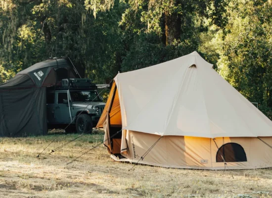 Spacious 6 person canvas camping tents set up at a wooded campsite with vehicles and outdoor gear nearby