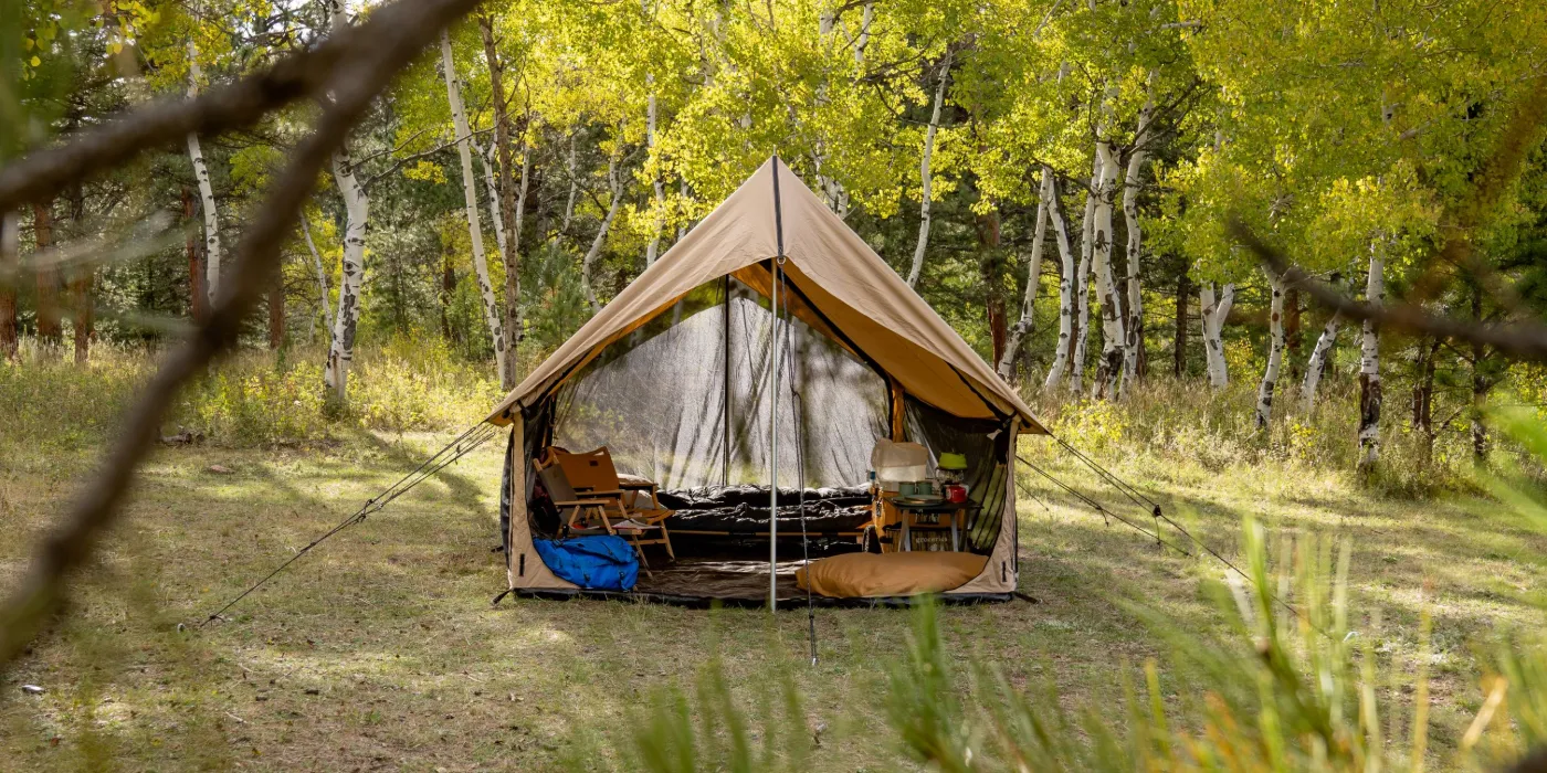An open canvas tent filled with camping gear in a beautiful, sunny woodland setting.
