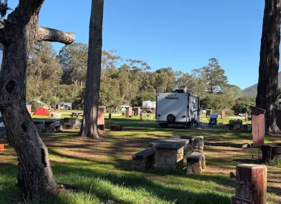 RVs and tents at a scenic Morro Bay campground surrounded by trees with a mountain view in the background