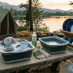 camping-dishwashing-station-lake-tent-outdoor-setup