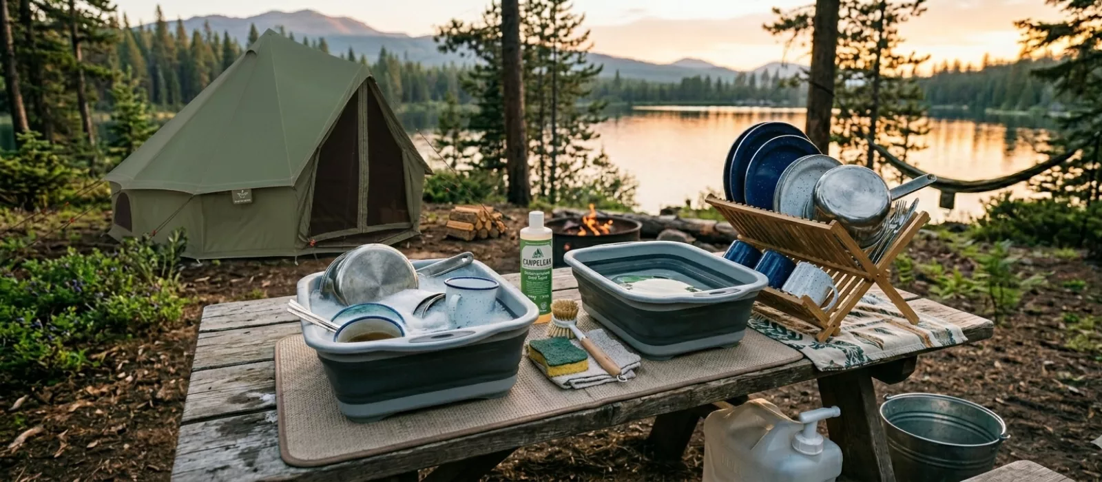 camping-dishwashing-station-lake-tent-outdoor-setup