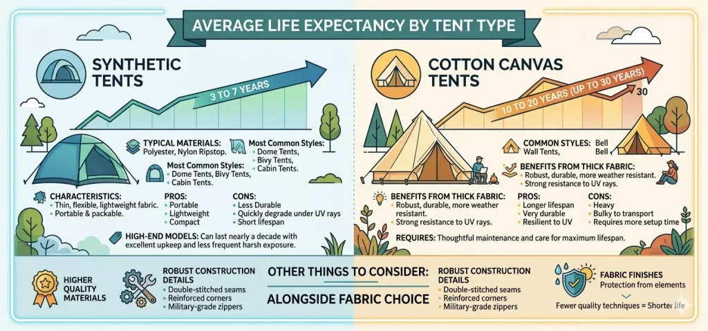 An infographic comparing the lifespan of synthetic and cotton canvas tents.