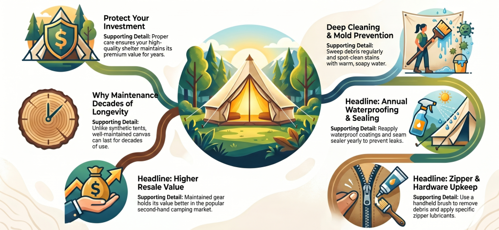 Guide for canvas tent care, covering maintenance benefits and cleaning tips with illustrated icons.