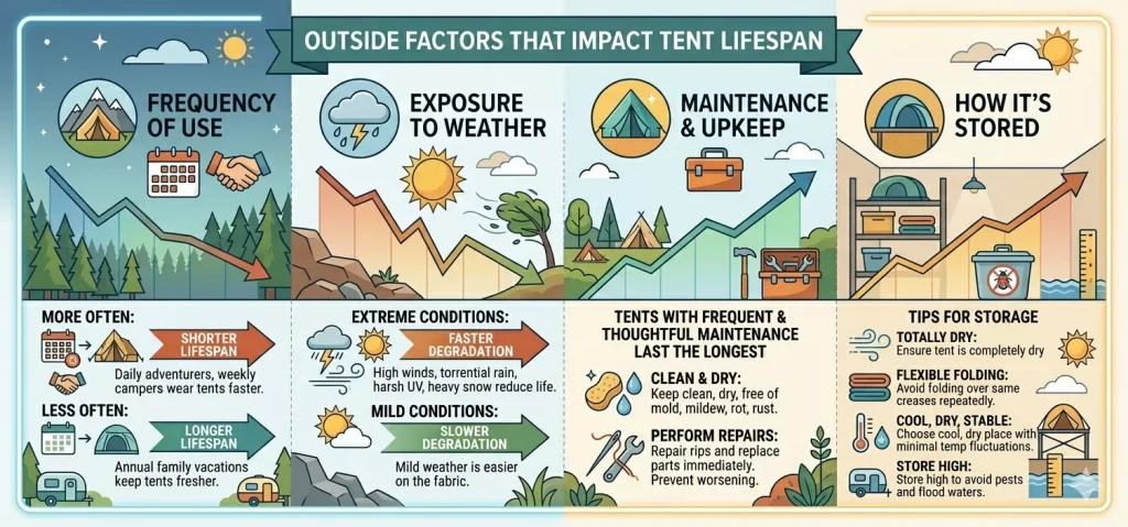 An infographic detailing four factors that impact tent longevity: Frequency of Use, Exposure to Weather, Maintenance & Upkeep, and Storage