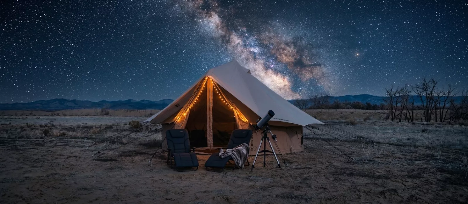 Luxury glamping tent in a desert landscape under the Milky Way galaxy with telescope and outdoor chairs at night.
