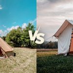 A side-by-side comparison of a canvas bell tent and a canvas wall tent