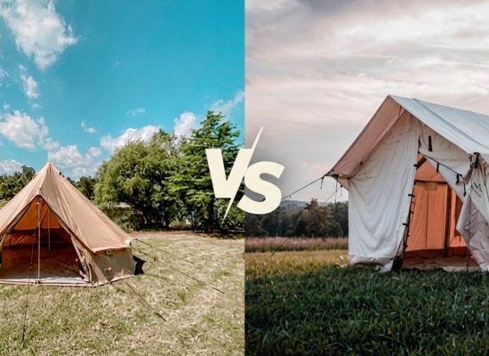 A side-by-side comparison of a canvas bell tent and a canvas wall tent