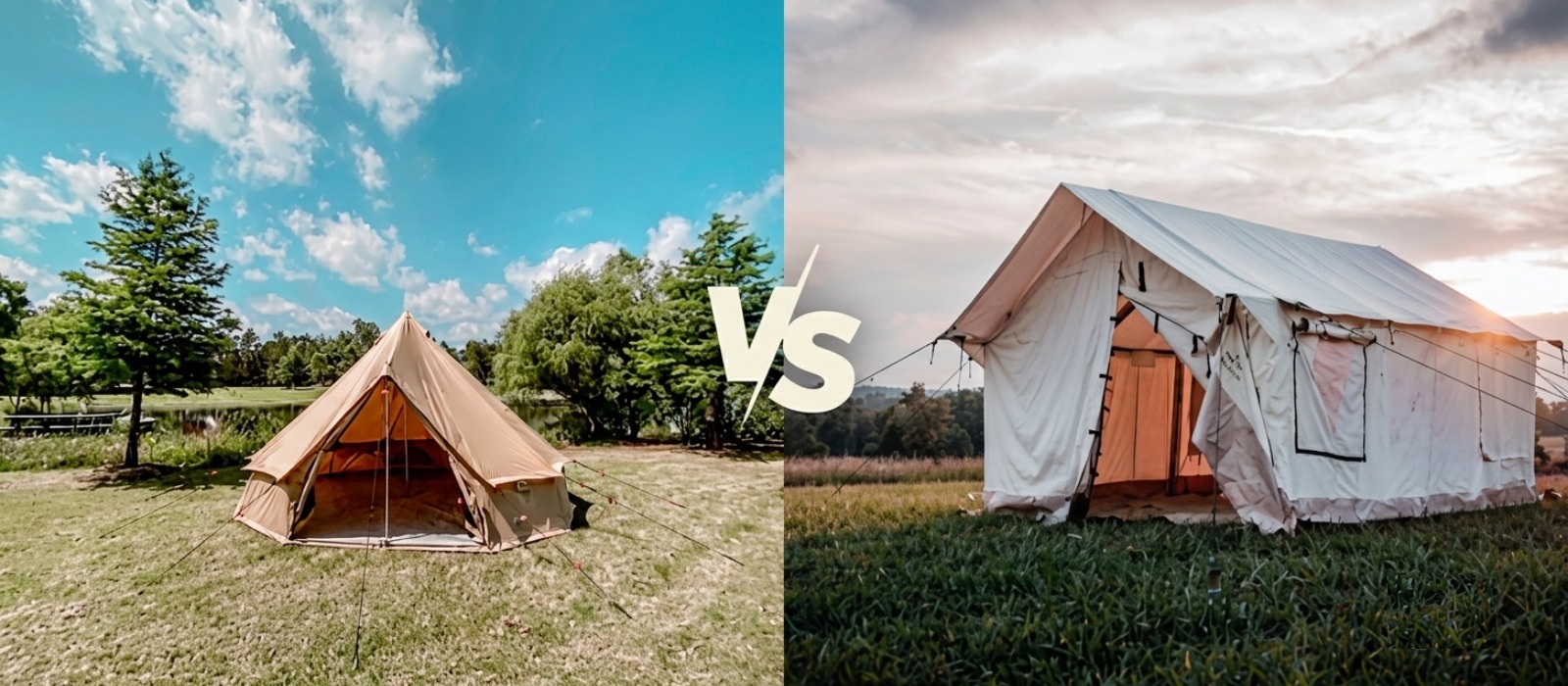 A side-by-side comparison of a canvas bell tent and a canvas wall tent