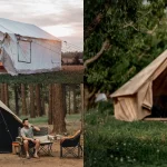 Canvas camping tents displayed in various outdoor settings including forests, open fields, and family campsites, highlighting comfort and versatility for camping adventures.