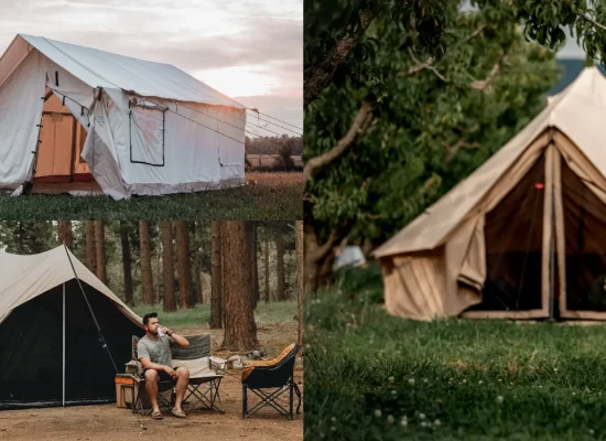 Canvas camping tents displayed in various outdoor settings including forests, open fields, and family campsites, highlighting comfort and versatility for camping adventures.