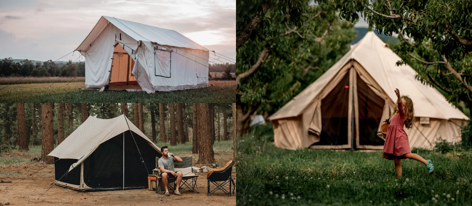 Canvas camping tents displayed in various outdoor settings including forests, open fields, and family campsites, highlighting comfort and versatility for camping adventures.