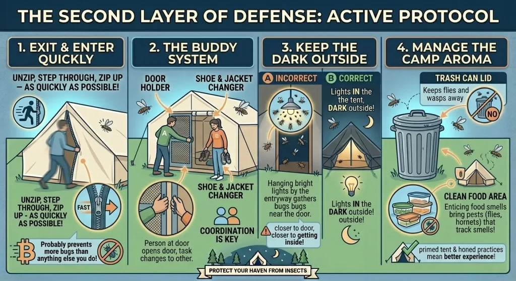 Camping bug prevention infographic covering quick tent entry and exit, buddy system, proper lighting placement, and campsite food and trash management.