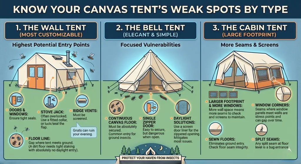 Illustration showing bug entry points and vulnerabilities in wall tents, bell tents, and cabin tents, including doors, windows, seams, floors, vents, and zippers.