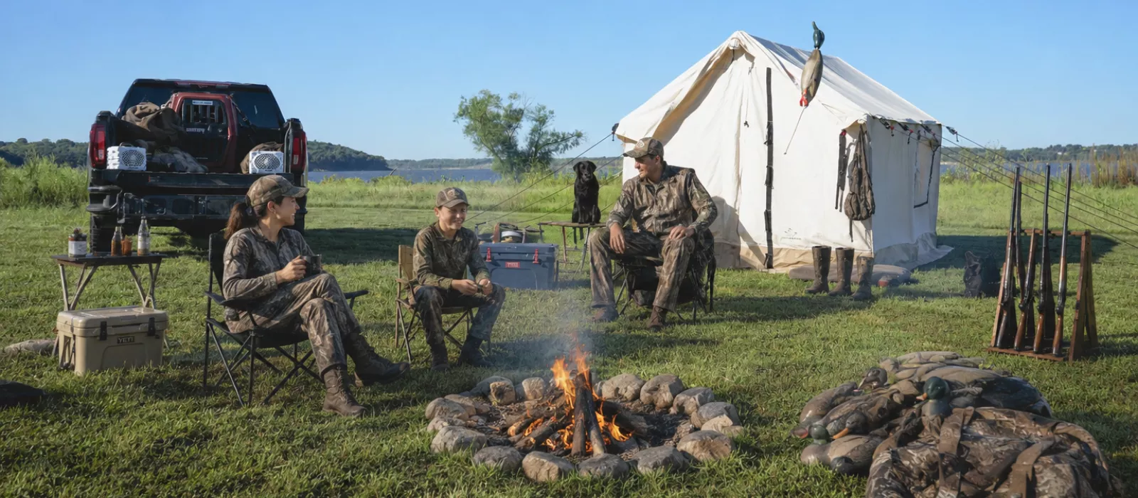 Family hunting camp beside a canvas tent near a lake, with parents and child gathered around a campfire, hunting gear, trucks, and a dog in an outdoor setting.