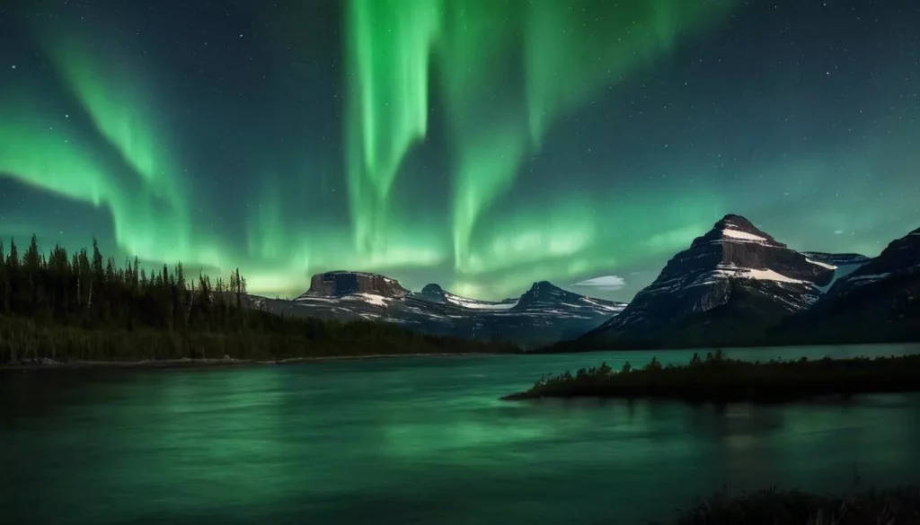 Aurora Borealis above Glacier National Park mountains in Montana