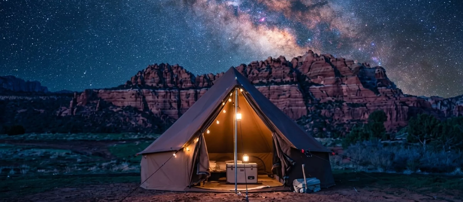 Canvas glamping tent illuminated at night beneath the Milky Way galaxy with red rock cliffs and a star-filled desert sky in the background.