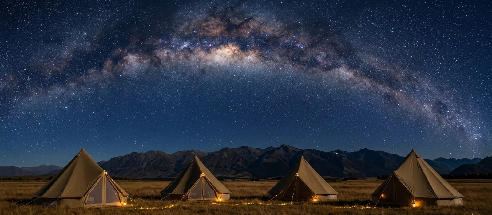 Canvas bell tents illuminated at night beneath the Milky Way galaxy, set against a mountain backdrop in a remote camping destination.