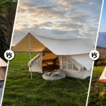 Side-by-side comparison of canvas, polycotton, and nylon camping tents set up in different outdoor environments.
