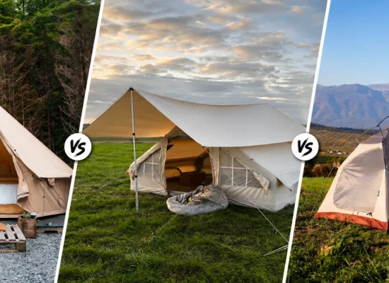 Side-by-side comparison of canvas, polycotton, and nylon camping tents set up in different outdoor environments.