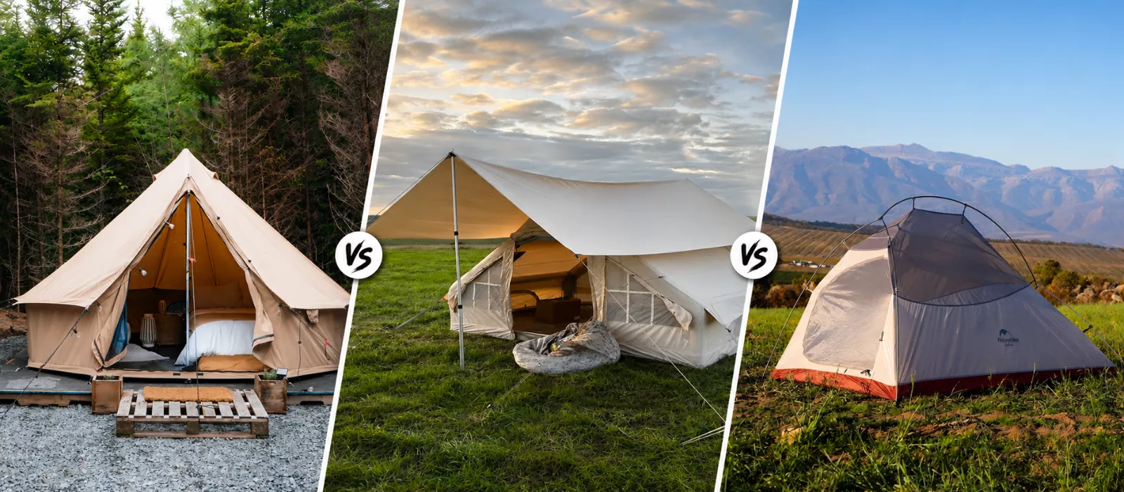 Side-by-side comparison of canvas, polycotton, and nylon camping tents set up in different outdoor environments.