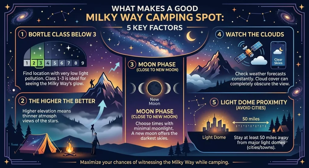 Infographic explaining five factors for choosing a Milky Way camping location, including Bortle Class 1–3 dark skies, higher elevation, new moon phase timing, clear weather conditions, and distance from city light pollution.