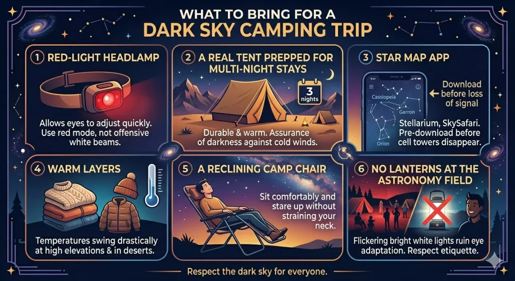 Infographic showing essential gear for a dark sky camping trip, including a red-light headlamp, multi-night camping tent, star map app, warm clothing layers, reclining camp chair, and dark-sky etiquette tips for stargazing.