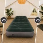 Camping bedding comparison showing a cot, air mattress, and sleeping pad inside a wall tent.