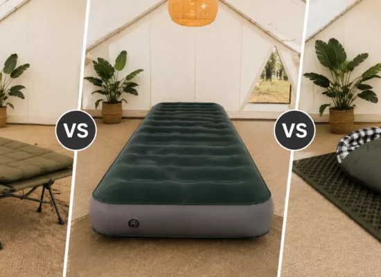 Camping bedding comparison showing a cot, air mattress, and sleeping pad inside a wall tent.